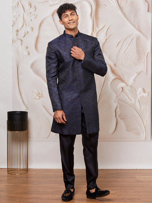 Men's Navy Blue Silk Blend Indowestern And Pant Set